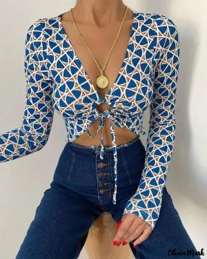 Xieyinshe - Geometric Print Long Sleeve Tied Crop Top