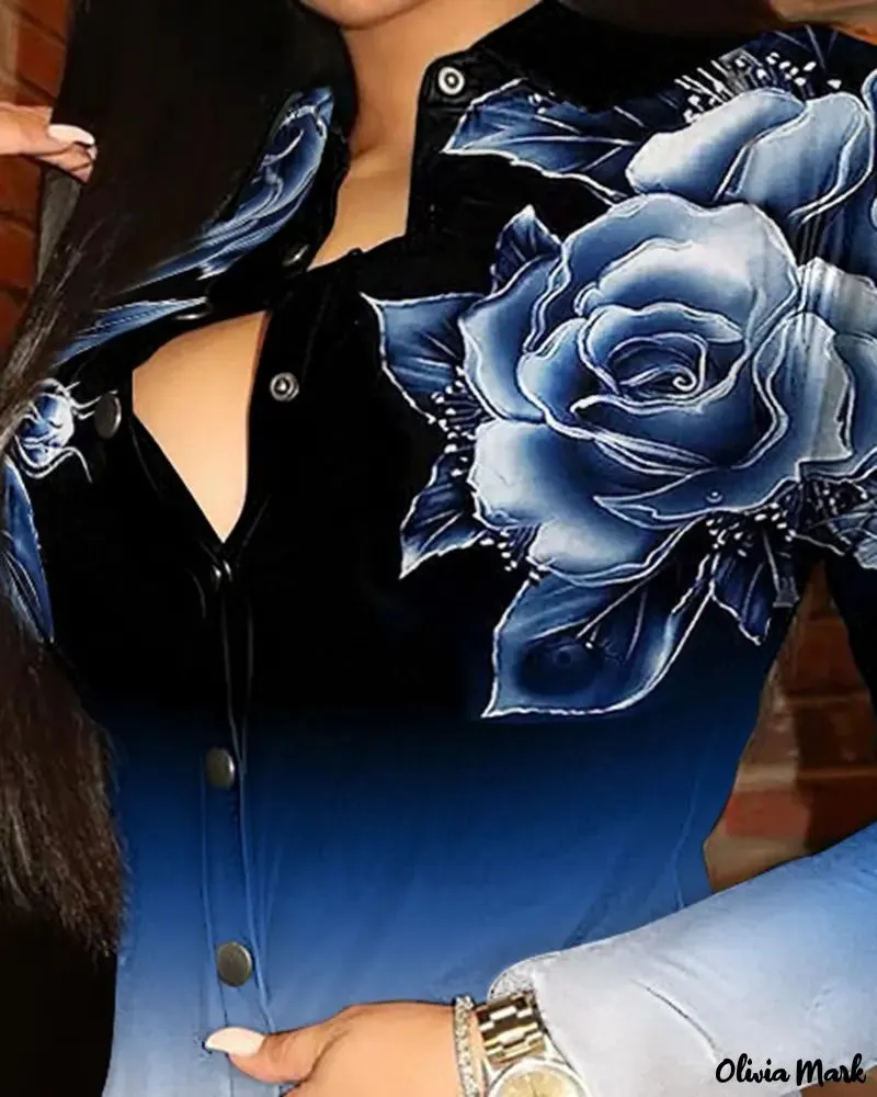 Xieyinshe - Gradient Floral Print Long Sleeve Button Down Shirt