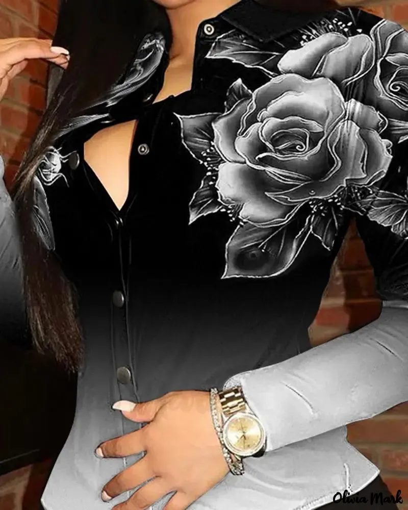 Xieyinshe - Gradient Floral Print Long Sleeve Button Down Shirt