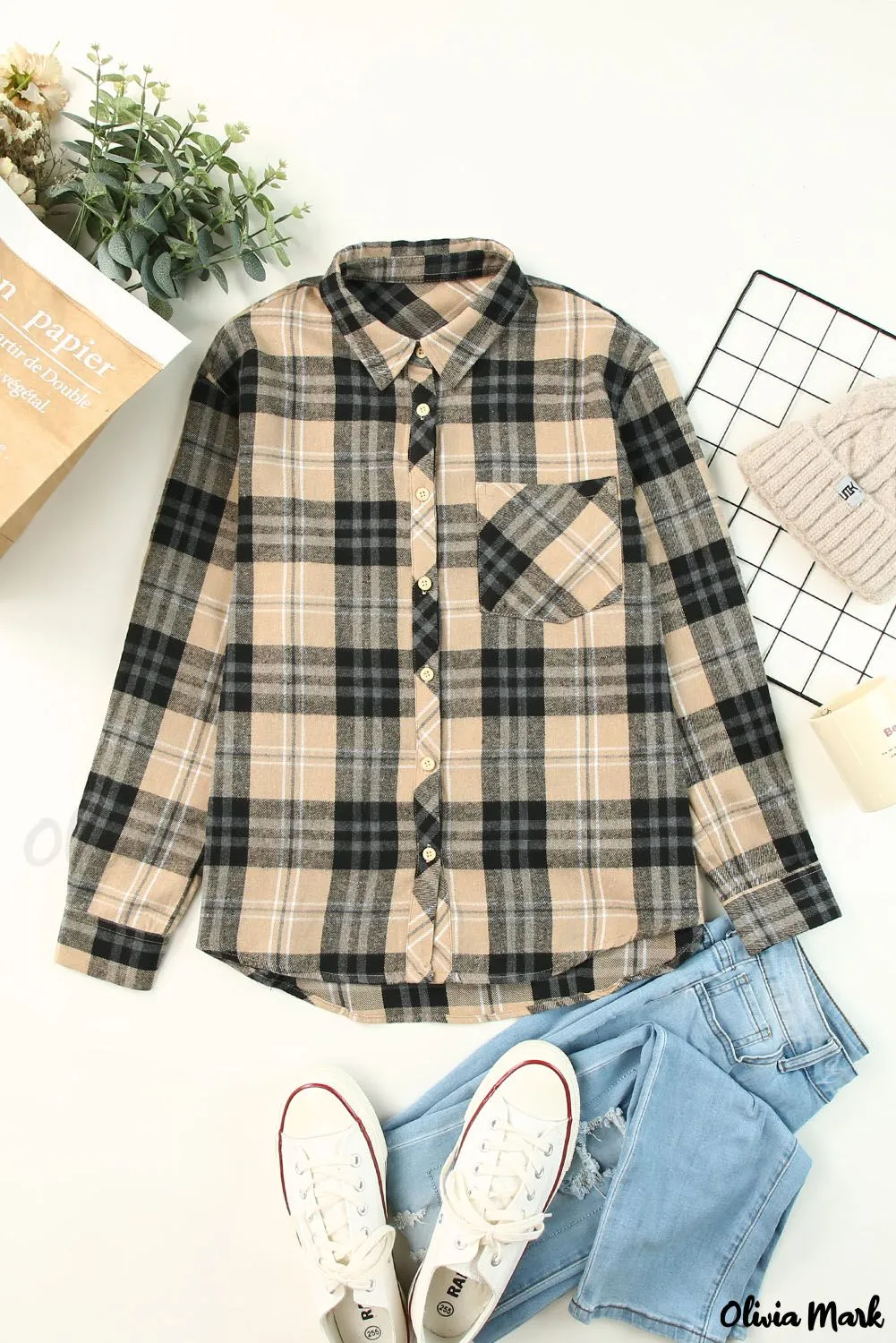 Xieyinshe - Khaki Check Button Long Sleeve Shirt