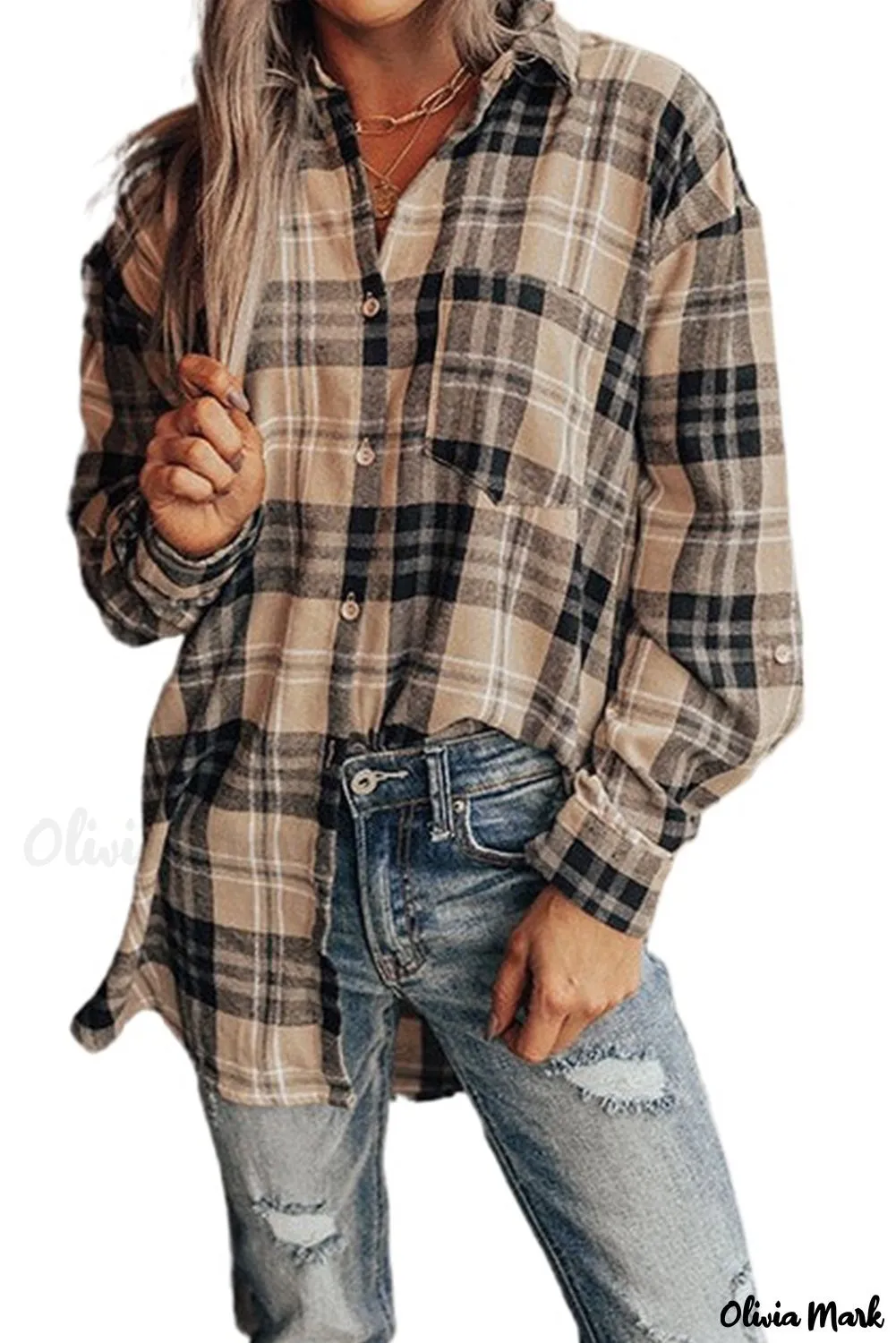 Xieyinshe - Khaki Check Button Long Sleeve Shirt