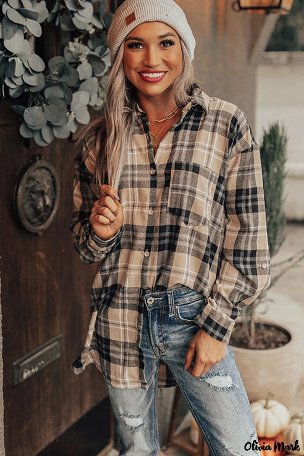 Xieyinshe - Khaki Check Button Long Sleeve Shirt
