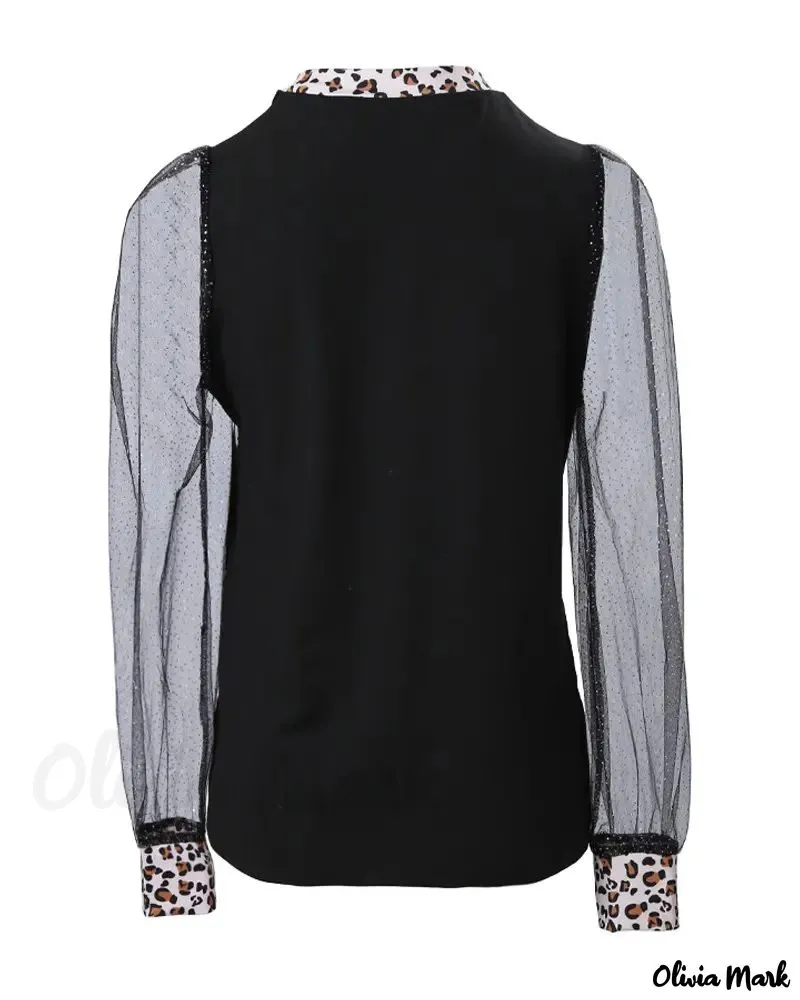 Xieyinshe - Leopard Print Contrast Mesh Long Sleeve Top