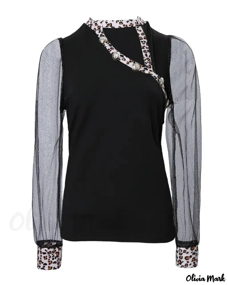 Xieyinshe - Leopard Print Contrast Mesh Long Sleeve Top