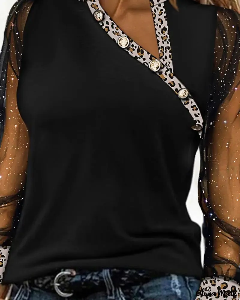 Xieyinshe - Leopard Print Contrast Mesh Long Sleeve Top