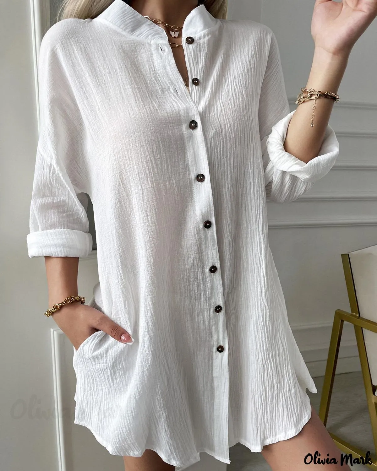 Xieyinshe - Long Sleeve Button Pocket Blouse