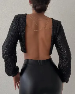 Xieyinshe - Long sleeve sequin top with chain decor