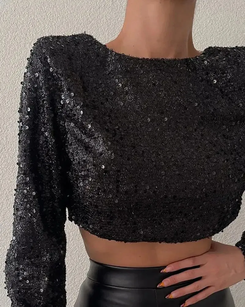 Xieyinshe - Long sleeve sequin top with chain decor
