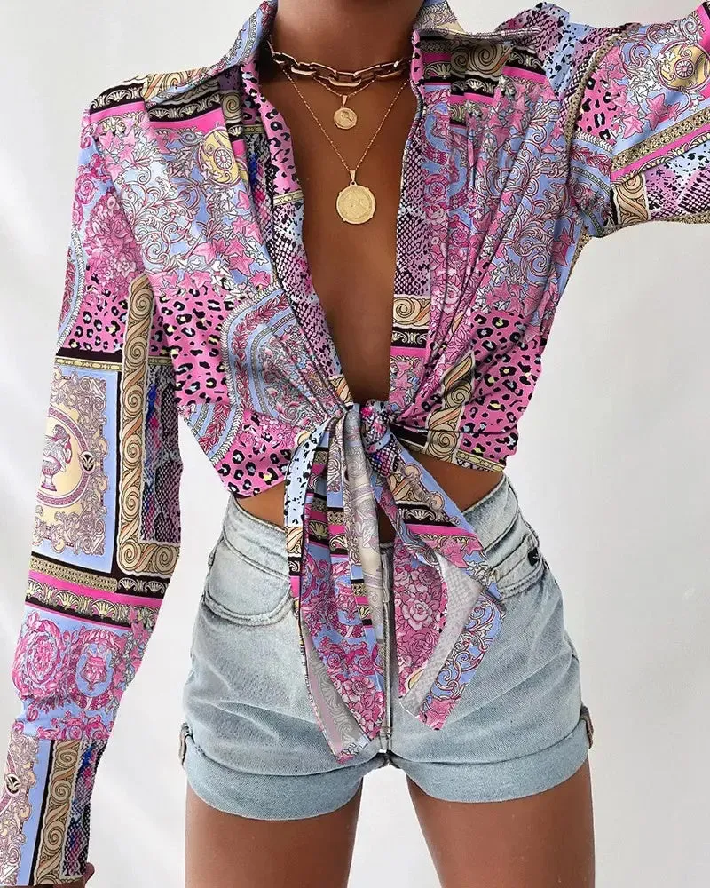 Xieyinshe - Long Sleeve Tie Front Scarf Print Shirt