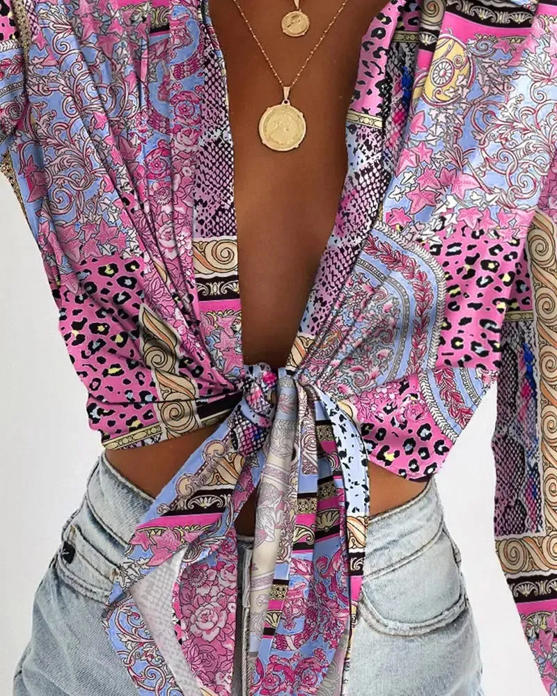 Xieyinshe - Long Sleeve Tie Front Scarf Print Shirt