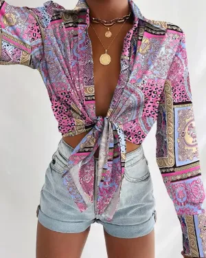 Xieyinshe - Long Sleeve Tie Front Scarf Print Shirt