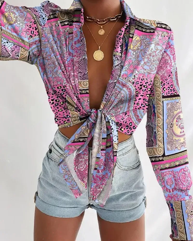 Xieyinshe - Long Sleeve Tie Front Scarf Print Shirt