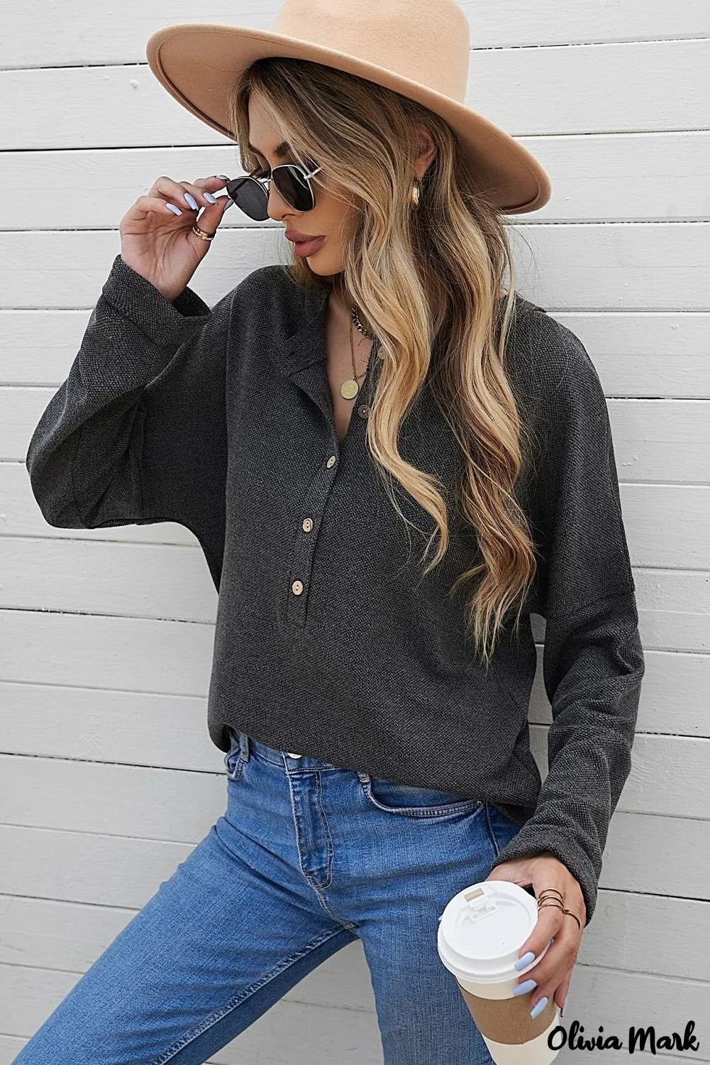 Xieyinshe - Loose buttoned khaki long sleeve shirt