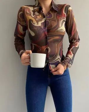 Xieyinshe - Marble Print Long Sleeve Button Down Shirt