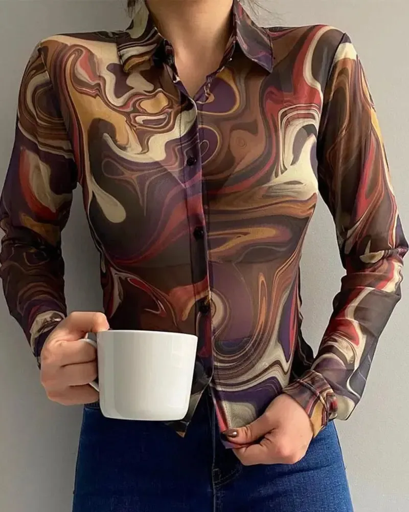 Xieyinshe - Marble Print Long Sleeve Button Down Shirt