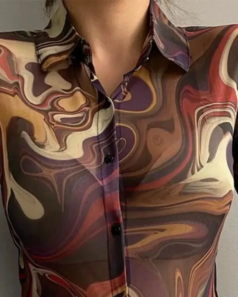 Xieyinshe - Marble Print Long Sleeve Button Down Shirt