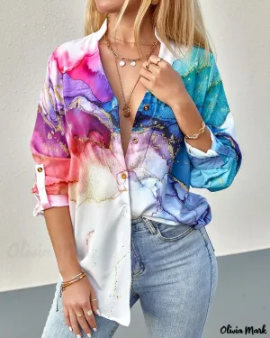 Xieyinshe - Marble Print Long Sleeve Button-Up Shirt
