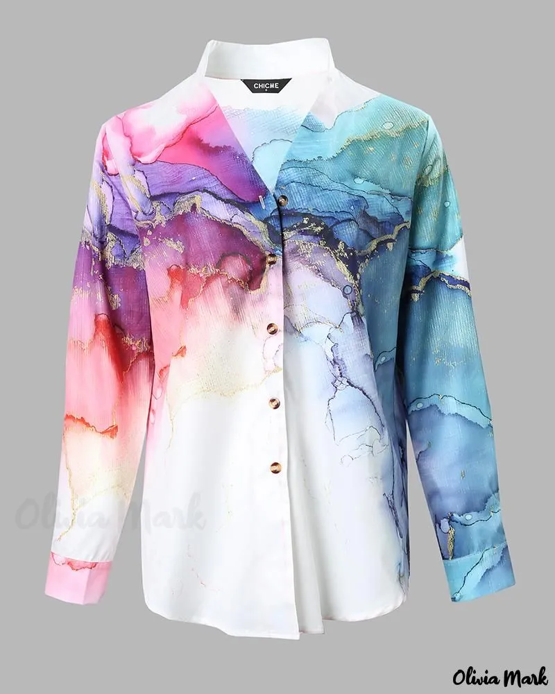 Xieyinshe - Marble Print Long Sleeve Button-Up Shirt