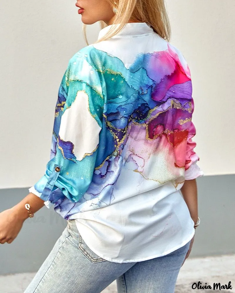 Xieyinshe - Marble Print Long Sleeve Button-Up Shirt