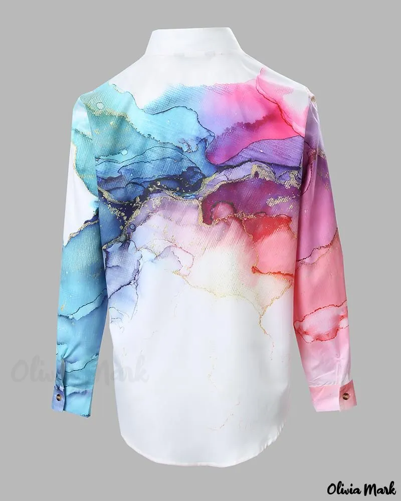 Xieyinshe - Marble Print Long Sleeve Button-Up Shirt