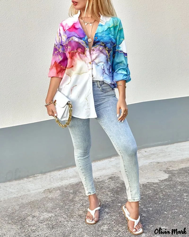 Xieyinshe - Marble Print Long Sleeve Button-Up Shirt