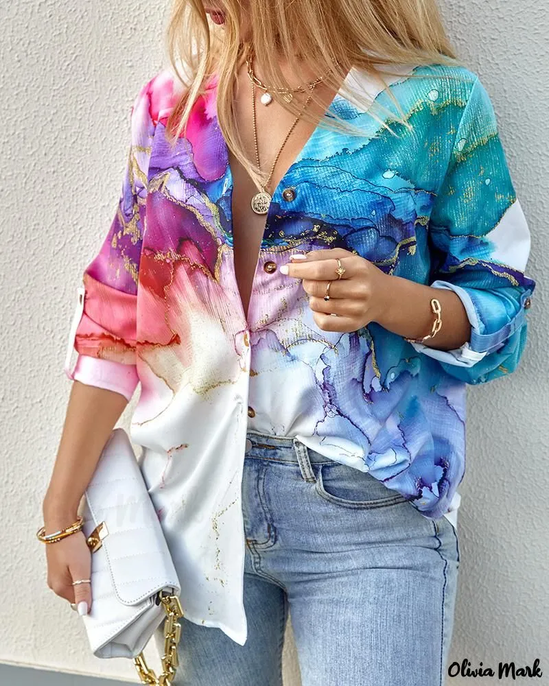 Xieyinshe - Marble Print Long Sleeve Button-Up Shirt