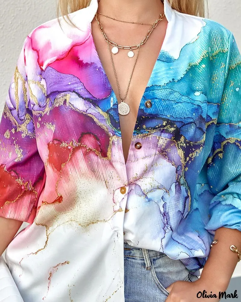 Xieyinshe - Marble Print Long Sleeve Button-Up Shirt
