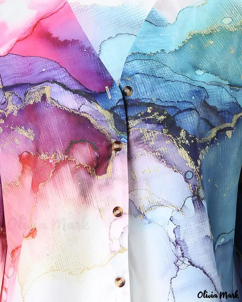Xieyinshe - Marble Print Long Sleeve Button-Up Shirt
