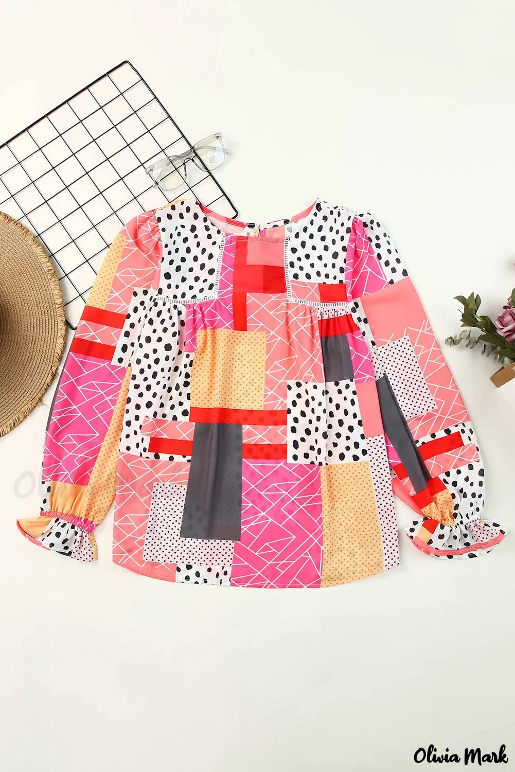 Xieyinshe - Multicolor Polka Dot Geometric Patchwork Long Sleeve Blouse