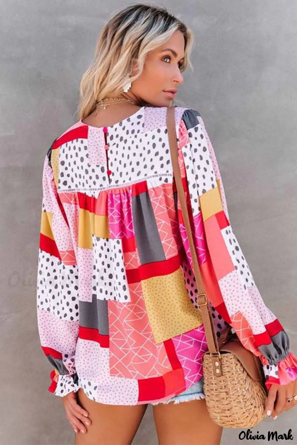 Xieyinshe - Multicolor Polka Dot Geometric Patchwork Long Sleeve Blouse