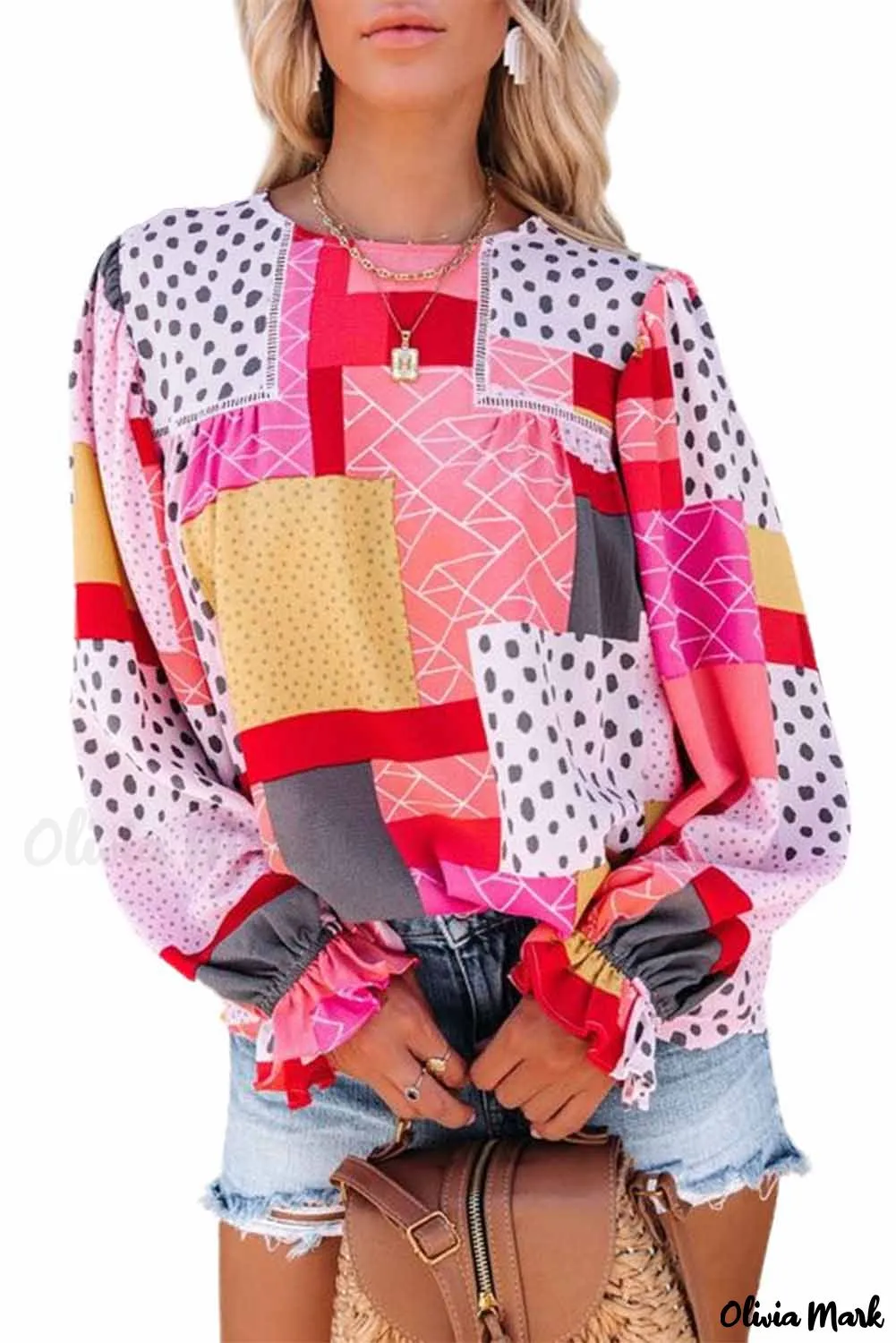 Xieyinshe - Multicolor Polka Dot Geometric Patchwork Long Sleeve Blouse