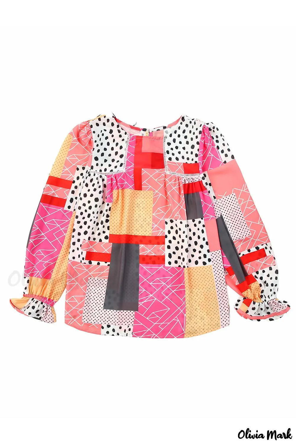 Xieyinshe - Multicolor Polka Dot Geometric Patchwork Long Sleeve Blouse