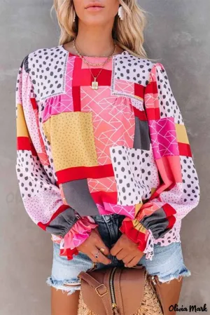 Xieyinshe - Multicolor Polka Dot Geometric Patchwork Long Sleeve Blouse