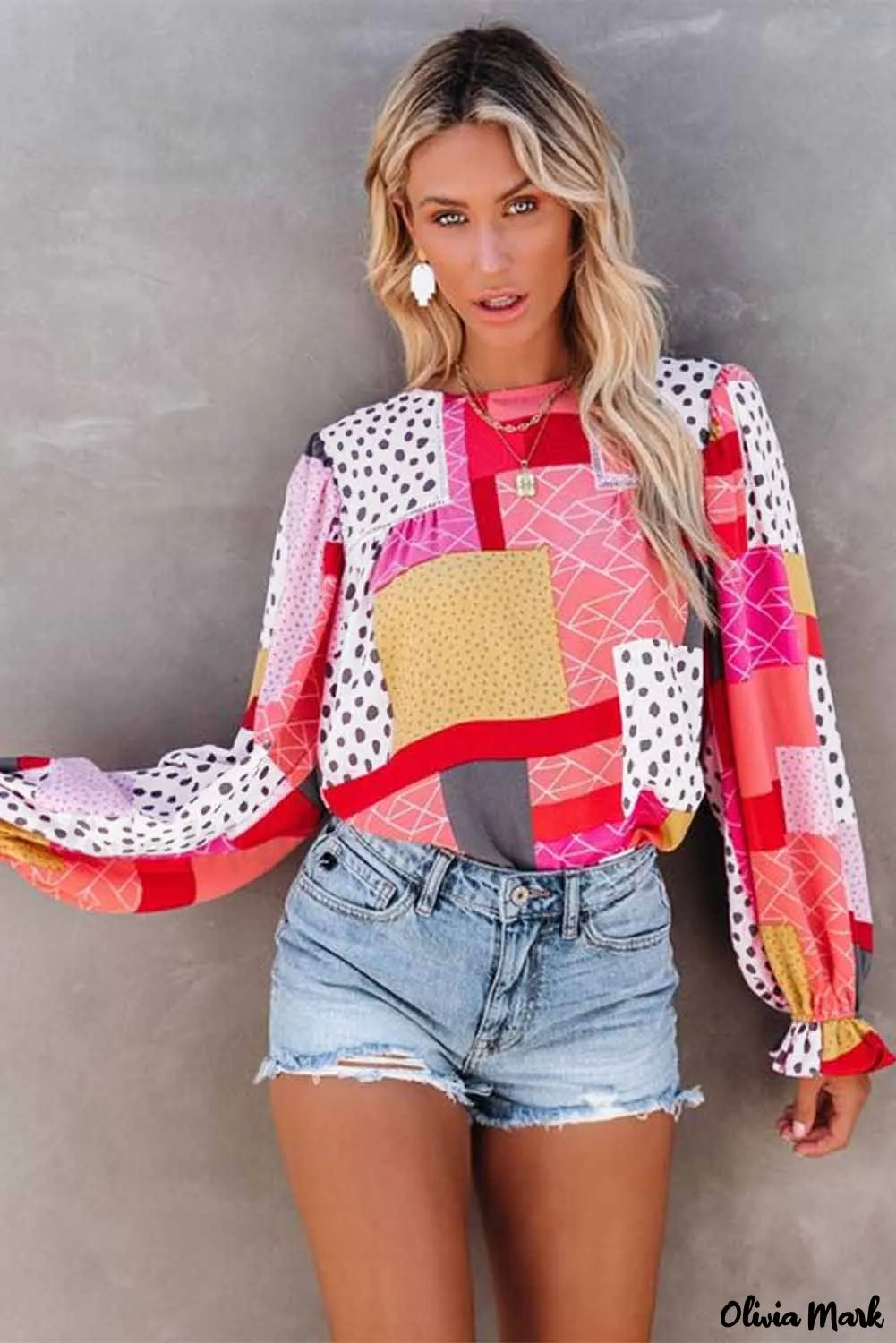 Xieyinshe - Multicolor Polka Dot Geometric Patchwork Long Sleeve Blouse