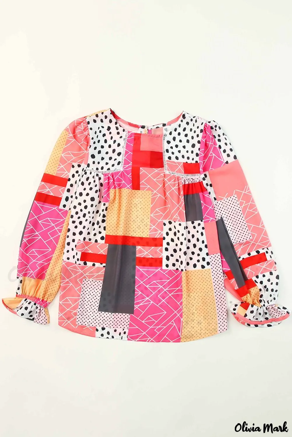 Xieyinshe - Multicolor Polka Dot Geometric Patchwork Long Sleeve Blouse