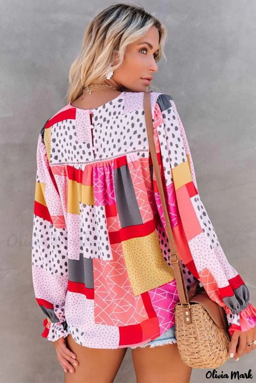 Xieyinshe - Multicolor Polka Dot Geometric Patchwork Long Sleeve Blouse