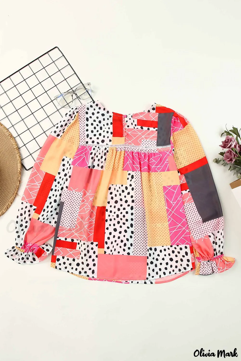 Xieyinshe - Multicolor Polka Dot Geometric Patchwork Long Sleeve Blouse