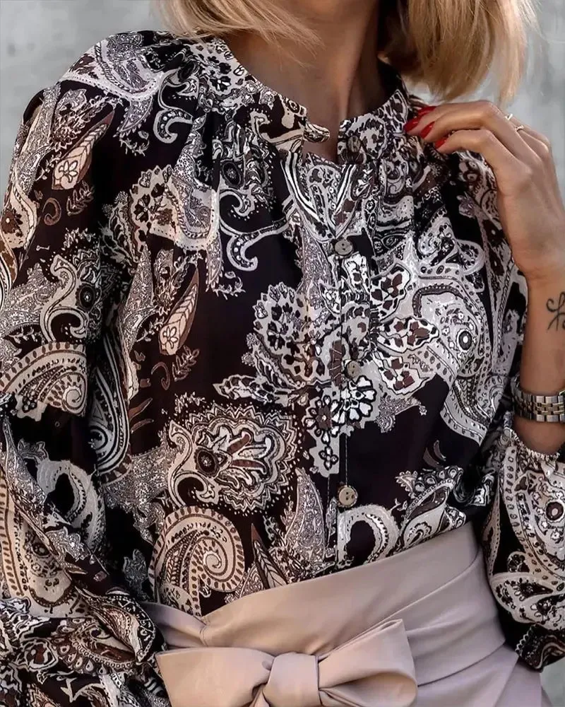 Xieyinshe - Paisley Print Button-Down Long Sleeve Top
