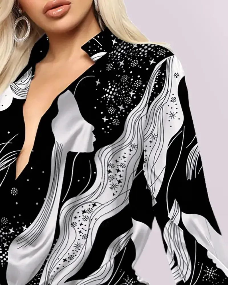 Xieyinshe - Plunge Neckline Long Sleeve Graphic Top