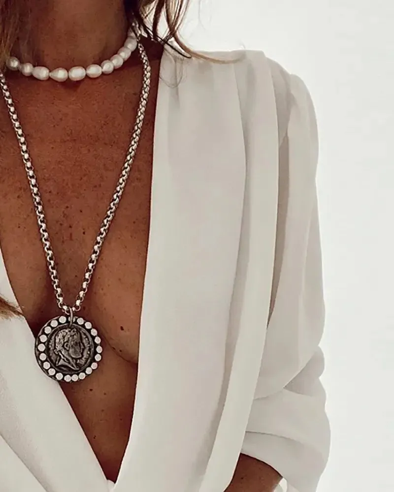 Xieyinshe - Plunge Neckline Long Sleeve Ruched Top