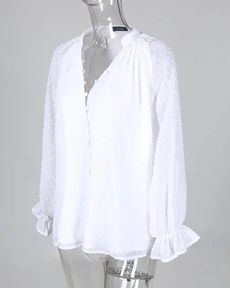 Xieyinshe - Polka Dot Button Long Sleeve Blouse