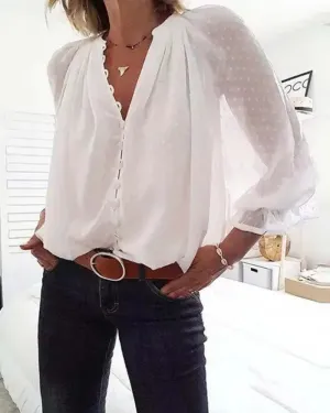 Xieyinshe - Polka Dot Button Long Sleeve Blouse