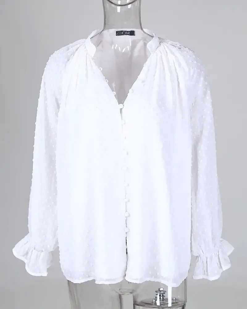 Xieyinshe - Polka Dot Button Long Sleeve Blouse