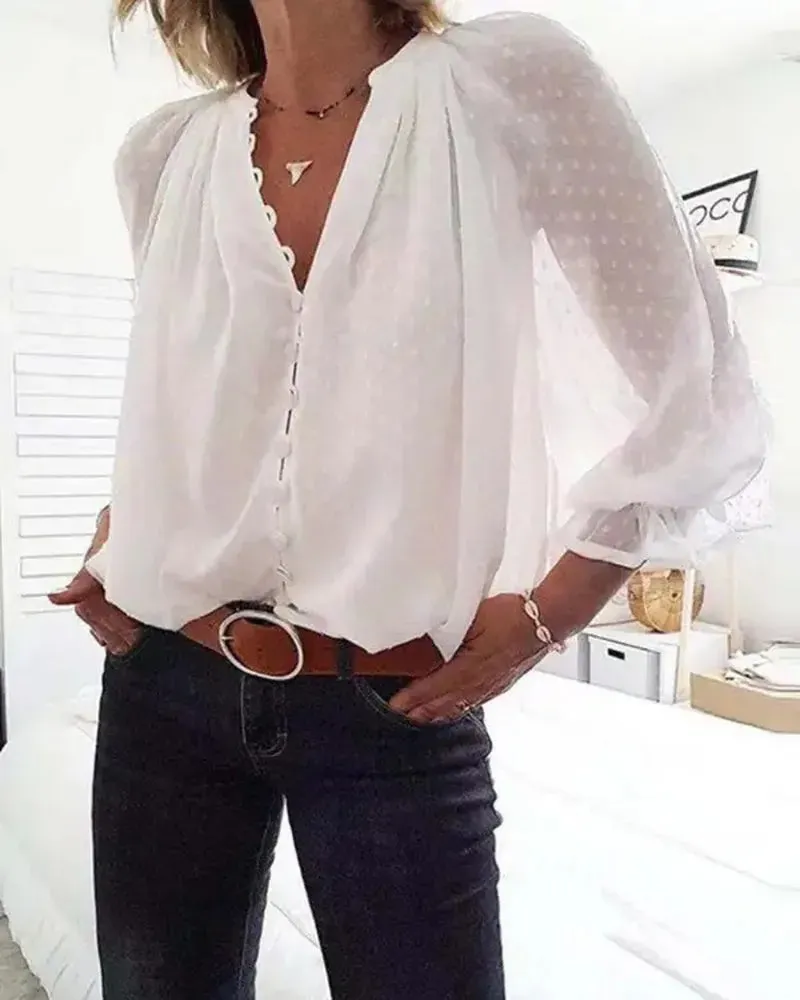 Xieyinshe - Polka Dot Button Long Sleeve Blouse