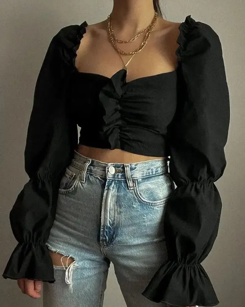 Xieyinshe - Ruched Long Sleeve Frill Hem Crop Top