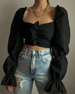 Xieyinshe - Ruched Long Sleeve Frill Hem Crop Top