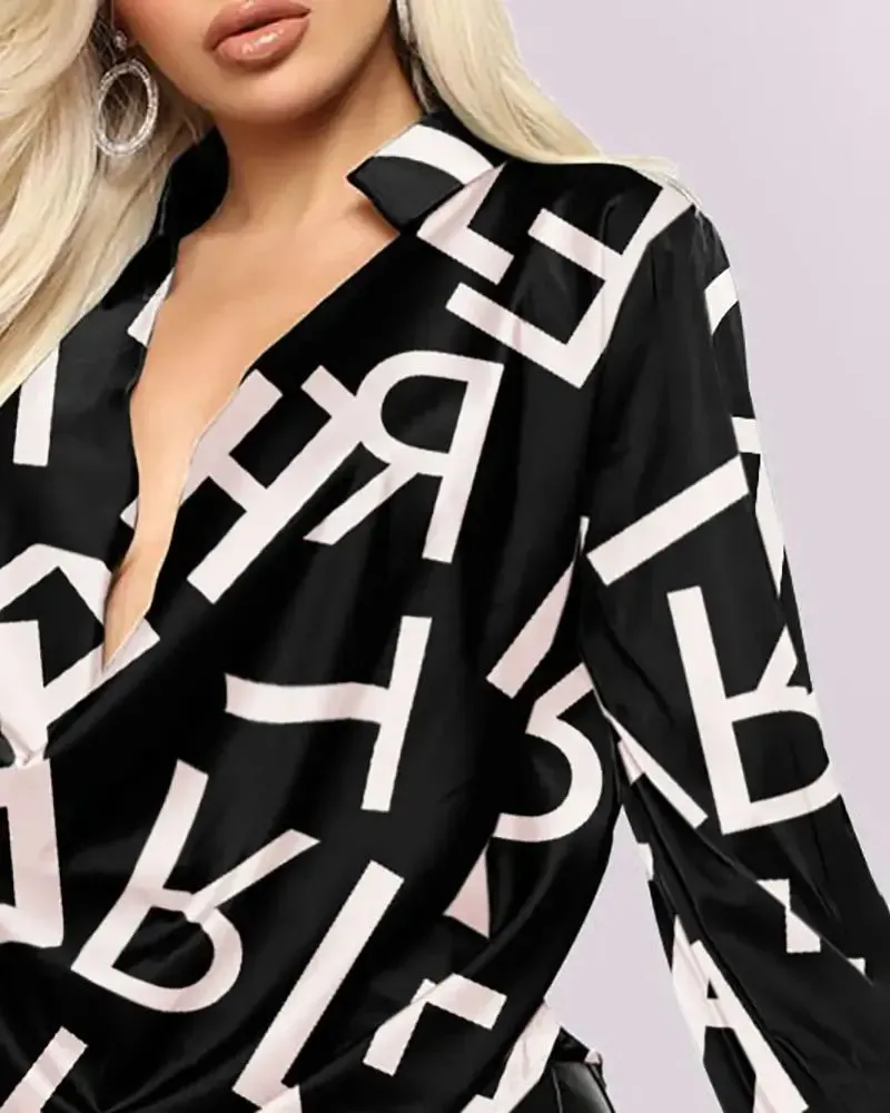 Xieyinshe - Satin long sleeve top with letter print and plunging neckline