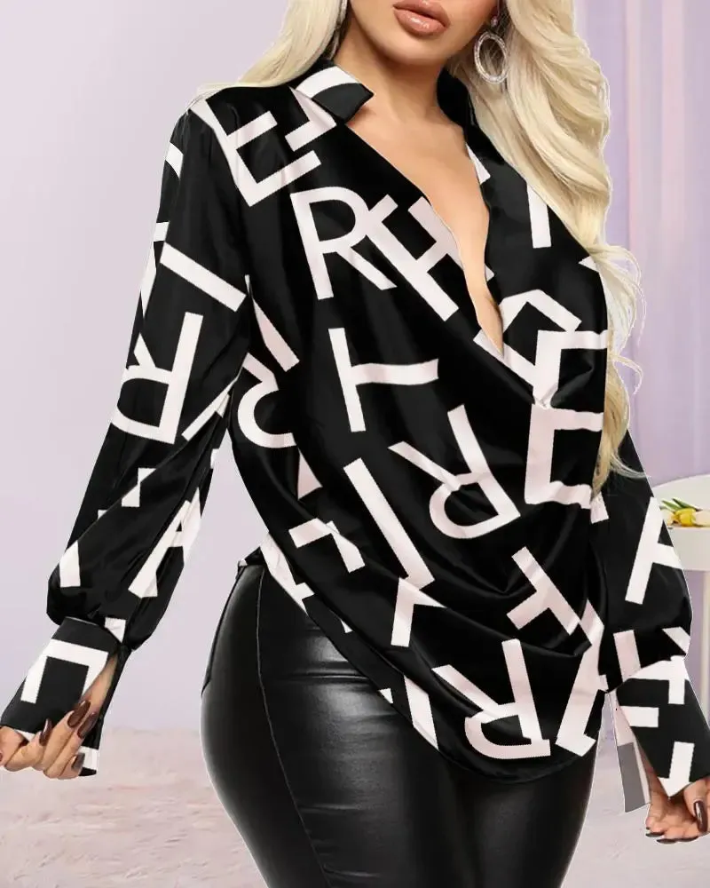 Xieyinshe - Satin long sleeve top with letter print and plunging neckline