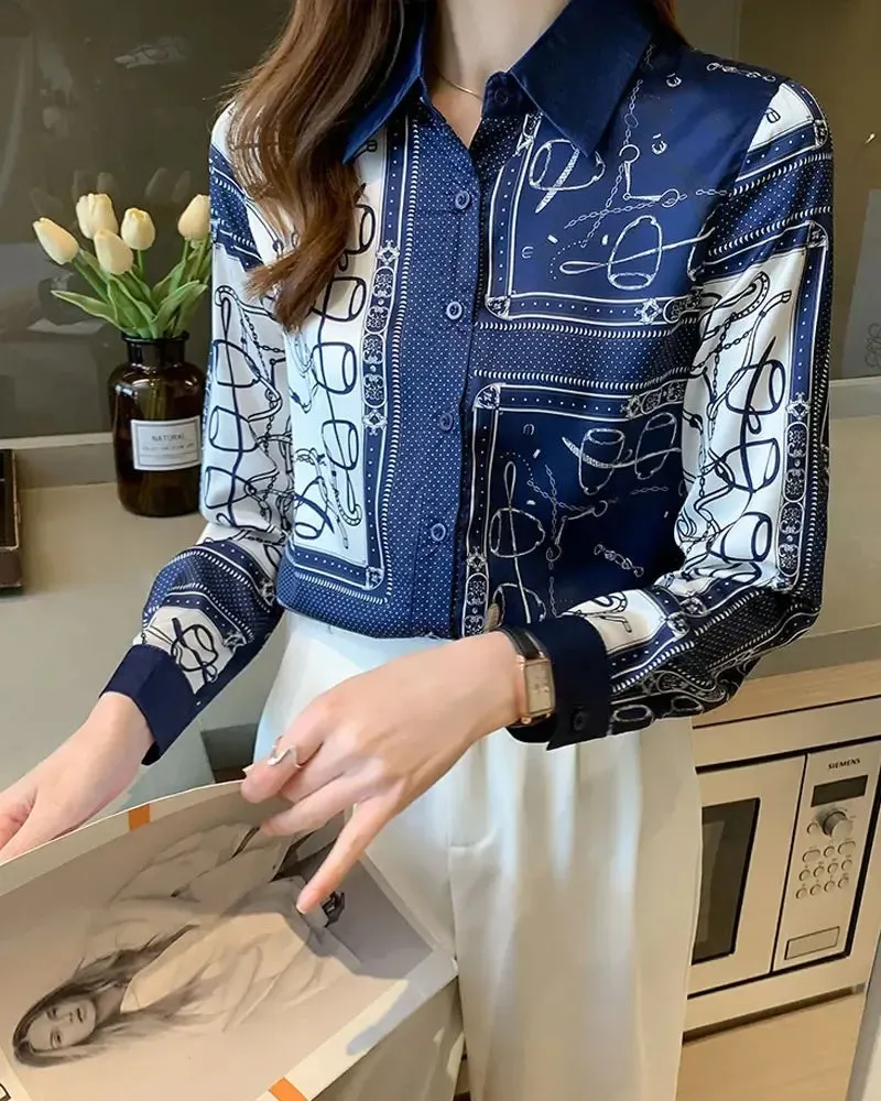 Xieyinshe - Scarf Print Button-Down Long Sleeve Shirt