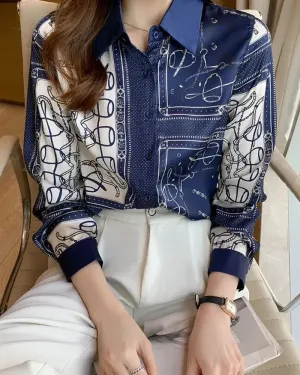 Xieyinshe - Scarf Print Button-Down Long Sleeve Shirt